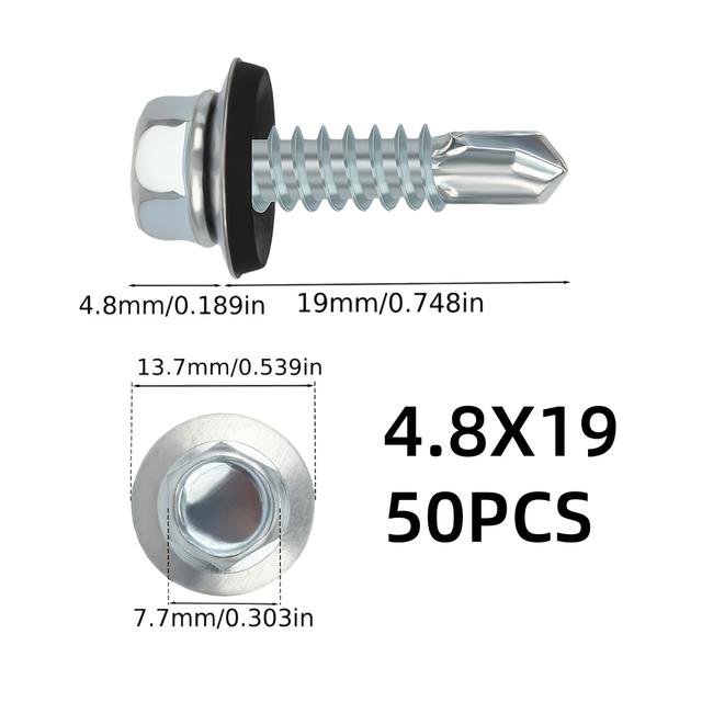 TEMU 50 unidades/100 unidades/200 unidades Parafusos auto-roscantes de resistência à de água e à - 4,8 mm x 19 mm/5,5 mm x 25 mm/6,3 mm x 25 mm, Cabeça hexagonal galvanizada com cabeça de cruz