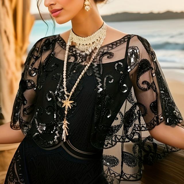 TEMU Chal Vintage de Lentejuelas de los Años 1920 con Borde de Encaje Bordado - Capa de Poliéster Transpirable y No Elástica para Mujeres | Perfecto para Fiestas y Vestidos de Noche