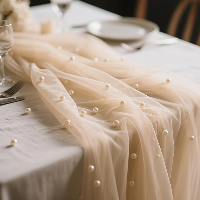 TEMU 1pc 29.92" X 118.8" Pearl Lace Table Runner - Wedding Kids' Party Decoration/bohemian Tablecloth/dessert Table Sheer Curtain, Champagne Pearl Tulle