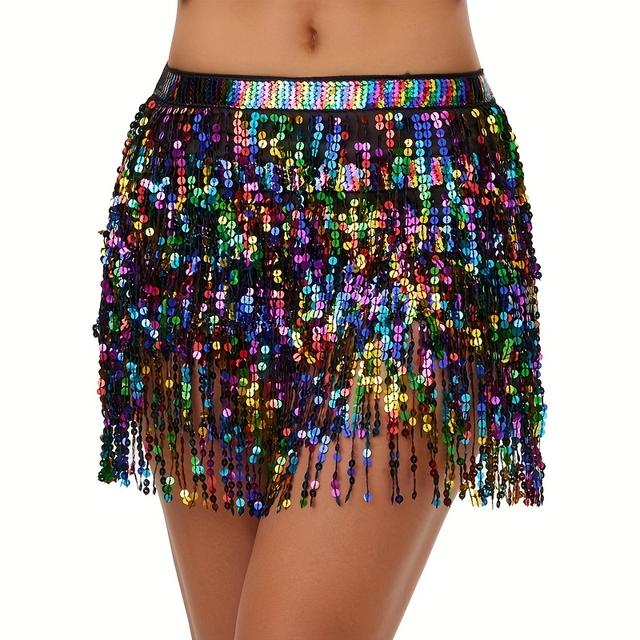 TEMU Sparkly Belly Dance Hip Skirt Tassel Scarf Sequin Wrap Hip Hop Rave Outfit Women Bohemian Festival Additions