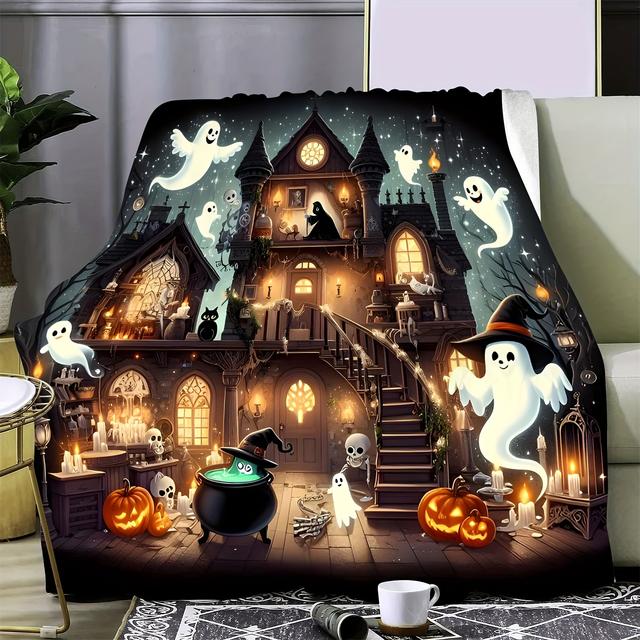 TEMU Halloween Horror Flannel Throw Blanket - Bohemian Style, Digital Hd Printed, Cozy Multipurpose Quilted Sofa Wrap With , Pumpkins, Skeletons - 100% Polyester, Soft Knitted Fabric, 250-300g