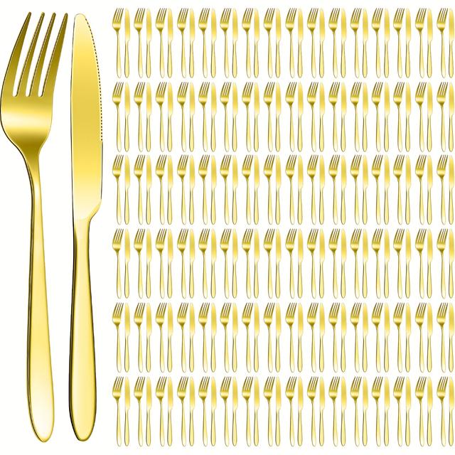 TEMU Nuenen 100pcs Forks Dinnerware Set, Dinner Forks And Dinner Knives Flatware Set Tableware Cutlery Set For Restaurant Hotel Home, Dishwasher Safe (golden, 8.4, 7.1)
