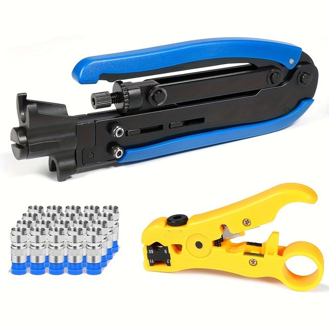 TEMU Rg6 Compression Tool Coax Cable Crimper Kit Rg6 Rg11 Rg59 F81 With 20pcs F Compression Connectors