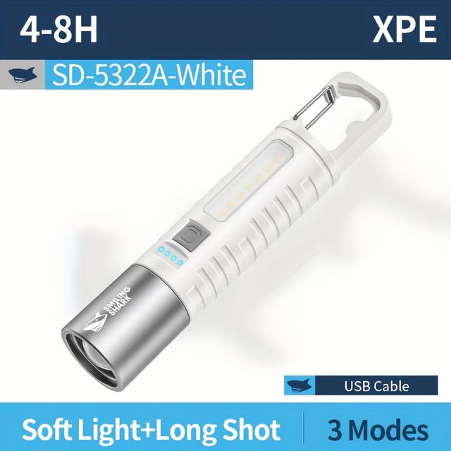 TEMU 1개 미소 상어 슈퍼 밝은 LED 손전등, 3가지 모드 줌 가능 토치, COB 플러드라이트, Type-C 고속 충전, 장시간 사용 가능, 전원 표시등, 가벼운 휴대용 후크 디자인, 캠핑, 하이킹, 야외 활동용 SD5322