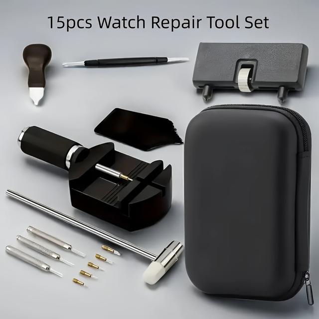 TEMU 15pcs Watch Repair Tool Kit Stainless Case Back Opener Precision Screwdrivers Hammer Spring Bar Chain Detacher Magnetic Adjustment Box For Watch Repairs Maintenance No