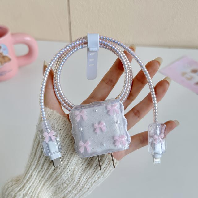 TEMU Funda protectora para cargador de 20W con perlas y rosa, 5 unidades, cuerda protectora, compatible con cargador de iPhone