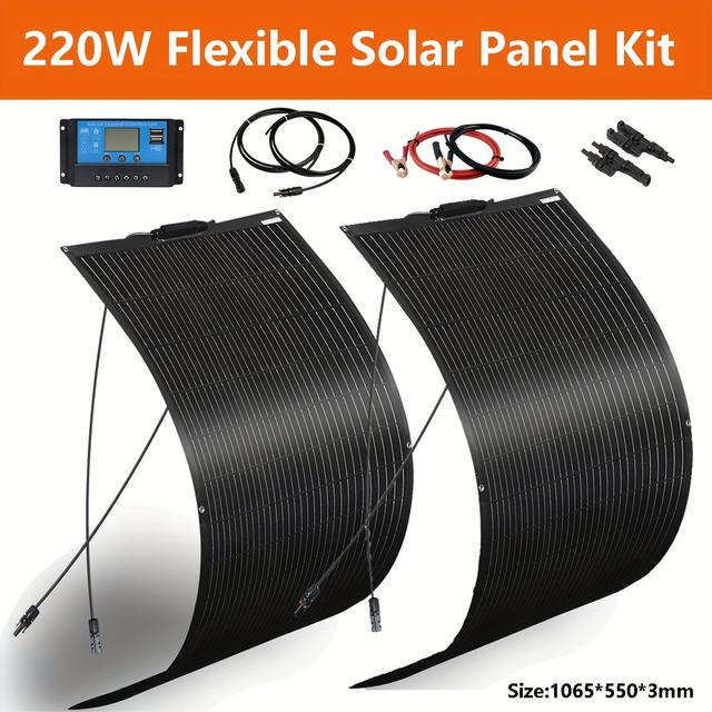 TEMU Xinpuguang Solar Panel 220w/200w 12v Flexible Solar Panel System Kit, 2x110w/2x100w Monocrystalline Fiberglass Module 20a Controller Extension Cable For Off Grid Home, Rv, , Boat