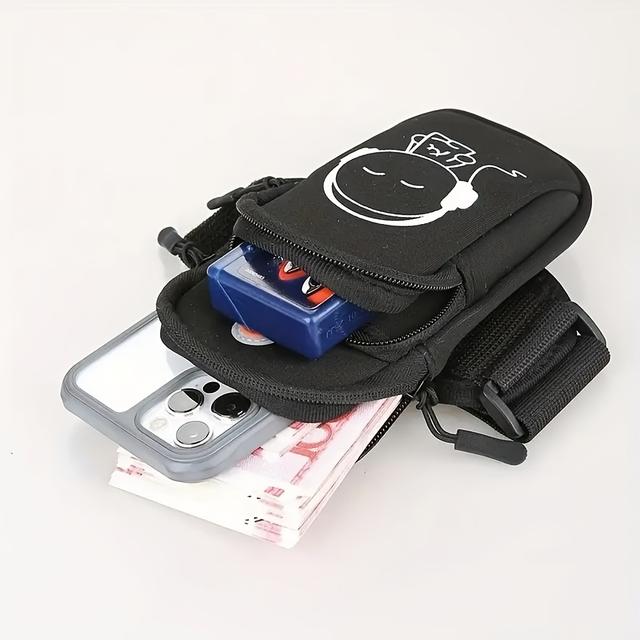 TEMU Running Armband Phone Holder - Multifunctional Sports Arm Bag With Zipper, Adjustable Strap, And Headphone Jack - Lightweight, Breathable Polyester In Black For Fitness & Outdoor Activities