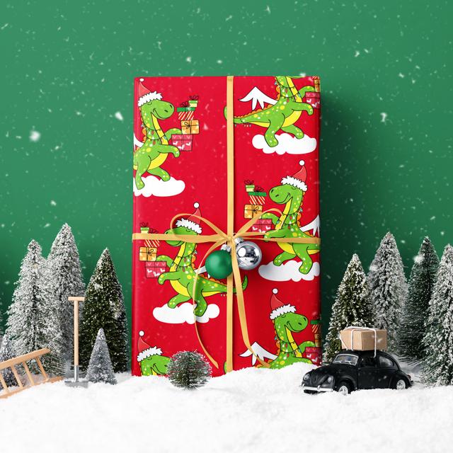 TEMU 1 Roll Christmas Wrapping Paper | Red Background With Cartoon Dinosaur Pattern, Suitable For Parties, Decorations And Gift Wrapping - 43cm ×500cm (17 Inches ×16.4 Feet)