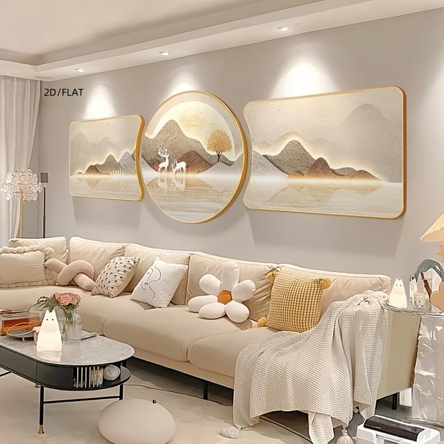 TEMU 2d Flat 2d/flat 3pcs High-end Crystal Porcelain, New Chinese-style Luxury Sofa Background Wall Decoration, Landscape And Deer Combination Set, Exuding A Sense Of , Enhancing The .