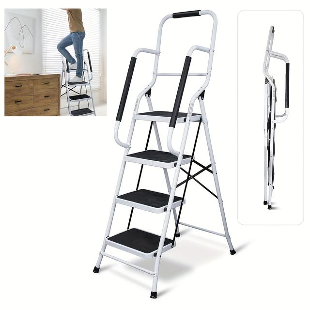TEMU A Foldable 4-step Ladder Featuring Dual Handrails, Designed To . It Has Extra-wide Rubber Treads And Non-slip Rubber Feet, Made From Durable Steel. Suitable For , Gardening, Workplaces