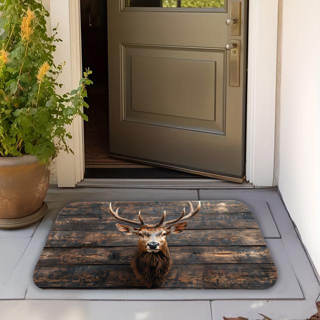 TEMU 1pc Rustic Deer Head Rug, Flannel Print, Polyester, Wooden Background, Nature-inspired Doormat, Machine Washable, Home And Kitchen Decor, Christmas Gift Idea