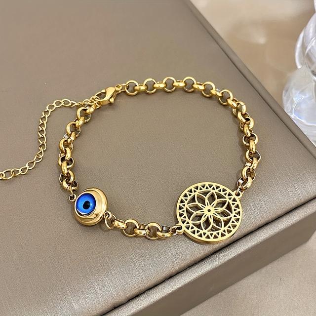 TEMU Chic Golden-tone Stainless Steel Bracelet With Evil Eye & Flower Of - Waterproof Fashion Jewelry For Women, Chain Wrist, Winter, New Year