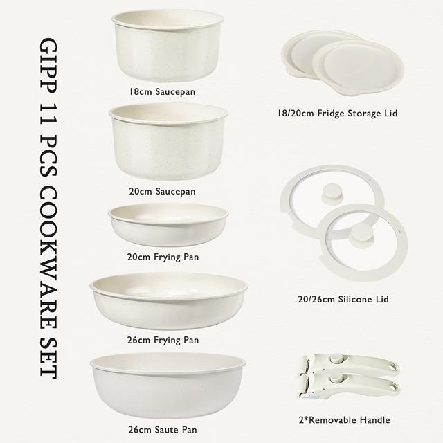 TEMU Gipp Antihaft-Kochtopf-Set mit 11 Teilen, mit abnehmbaren Griffen, geeignet für Induktionskochfeld, Küchenset mit abnehmbaren Griffen, Wohnmobil-Kochset, Ofenfest (Weiß, 11 Teile)