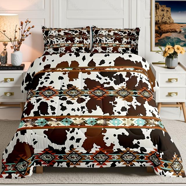TEMU Cowhide Quilt Brown Highland Cow Print Comforter Set, Western Bedding Set Exotic Aztec Duvet Insert, Farmhouse Wild Animals Longhorn Skin Room Decor For Men
