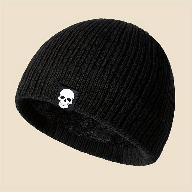 TEMU Unisex Halloween Skull Patch Knit Beanie - 100% Acrylic Warm Windproof Winter Hat, Retro Stretchy Skull Design For , Cold Weather Outdoor Hat, Ideal Gift For Autumn & Winter