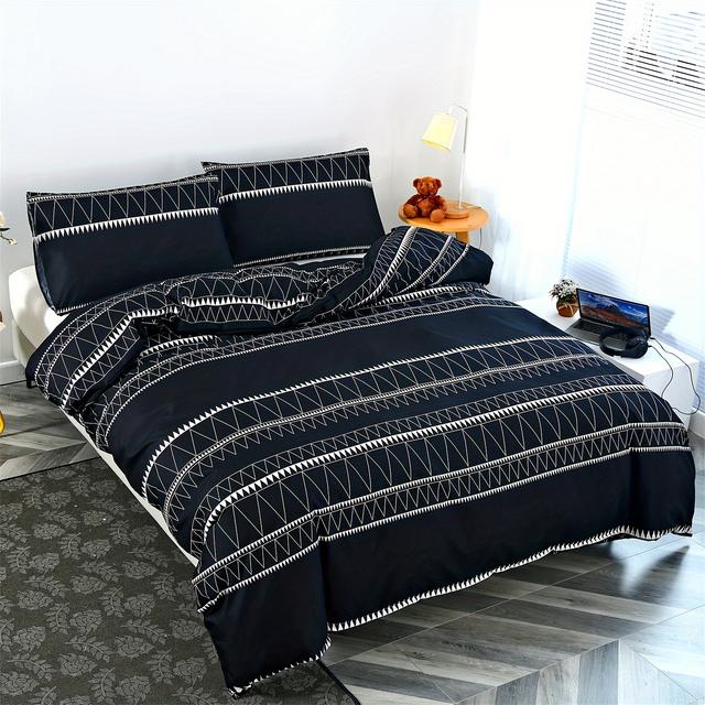 TEMU 3-teiliges Bettwäsche-Set mit tiefem geometrischem Linienmuster, weich und bequem, geeignet für Schlafzimmer, Gästezimmer (eine Bettdeckenauflage + zwei Kissenbezüge, ohne Füllung)