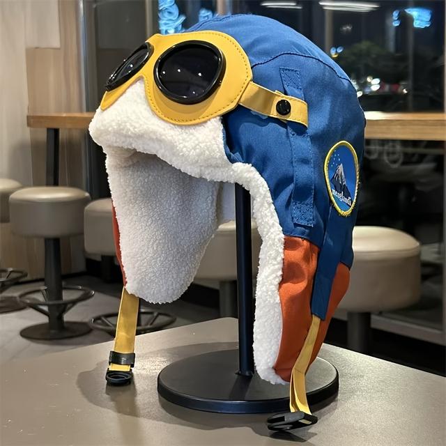 TEMU Winter Pilot Hat With Goggles - Thick -lined, Ear Flap Bomber Cap For Skiing & Cycling, Windproof & Warm