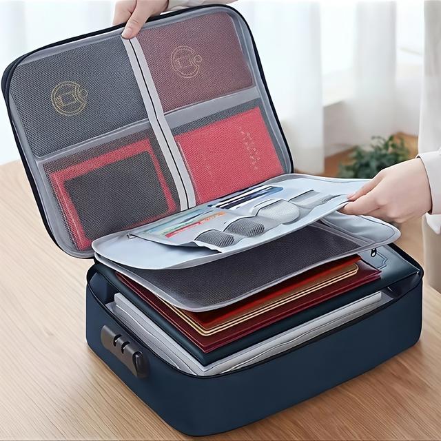 TEMU Fireproof Document Bag With Lock - 3-layer Laptop & File Organizer, Portable Travel Case For Passport/certificates (lightweight, Foldable, Polyamide), Document Organizer Box