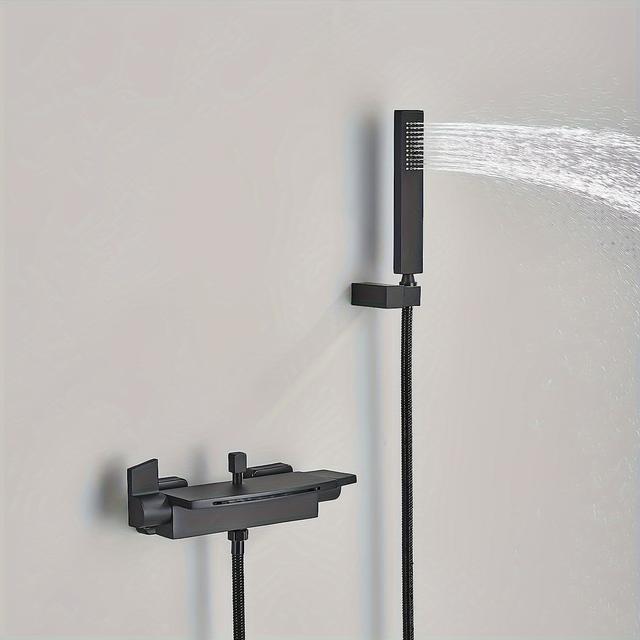 TEMU Zuhanyszett, fürdőszobai kádcsaptelep szett vízesés kifolyóval, falra szerelhető kádcsaptelep, tömör sárgaréz zuhanyfej, zuhanyrendszer kombináció, matt fekete