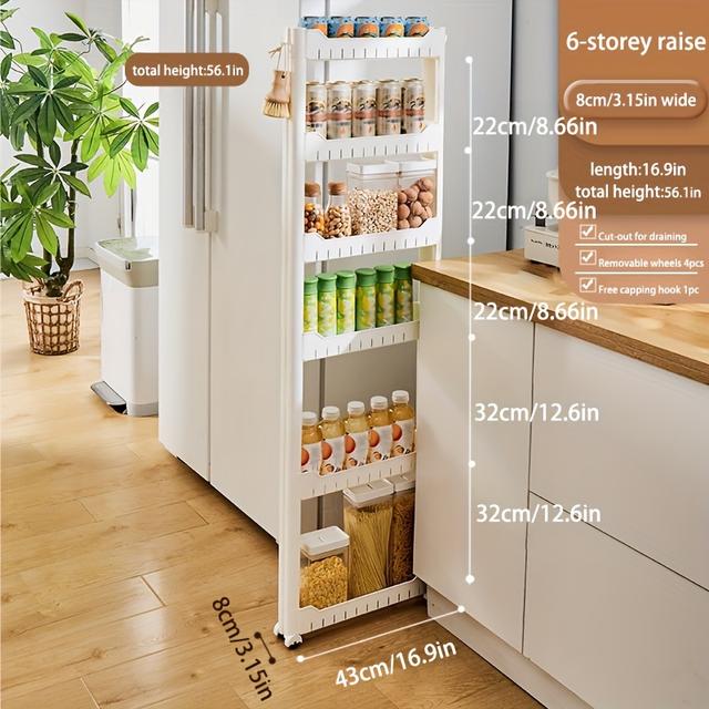 TEMU Space-saving 8cm Wide Slim Storage Cabinet - , Floor Standing Organizer With Layered Shelves, No Metal Tubes Included, Utility Hooks