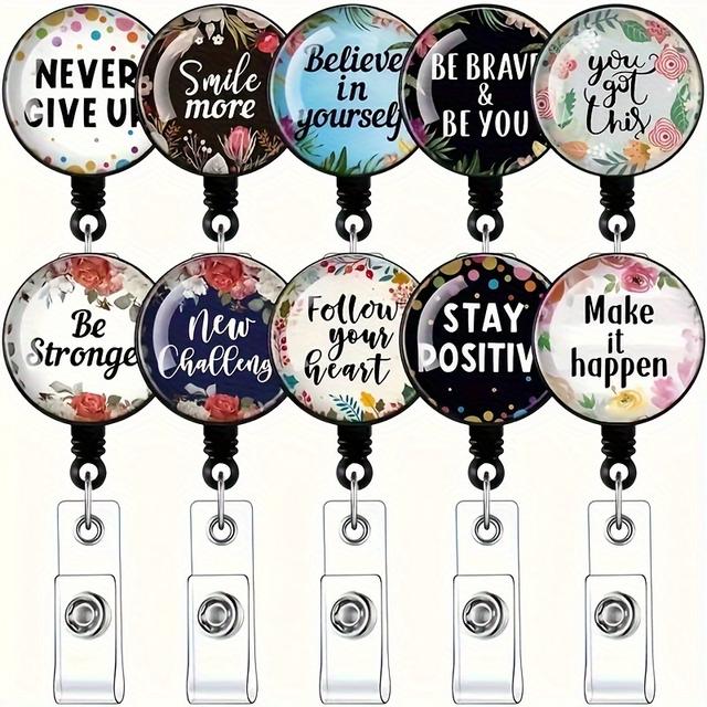 TEMU 10pcs Inspirational Floral Retractable Badge Reels - Durable Abs Clip For Id & Keychains - Ideal For Nurses, Therapists, Teachers - Perfect Graduation Gift