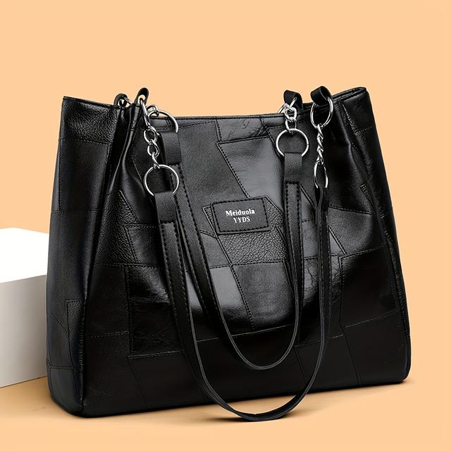 TEMU Classic Retro Tote Bag With Zipper Closure And Fixed Shoulder Strap – Stylish Quilted , Shopping, Or Everyday Use – In Black, White, Brown