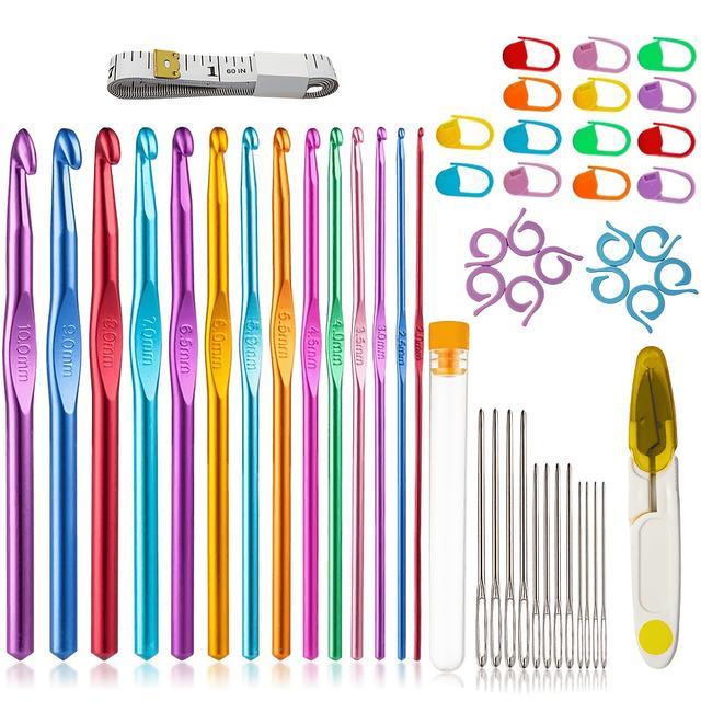 TEMU 52pcs Crochet Hooks Set, High Quality Coloured Aluminum Ergonomic Handle Crochet, Hook Needles For Arthritic Hands, With Markers And Large-eye Blunt Needles