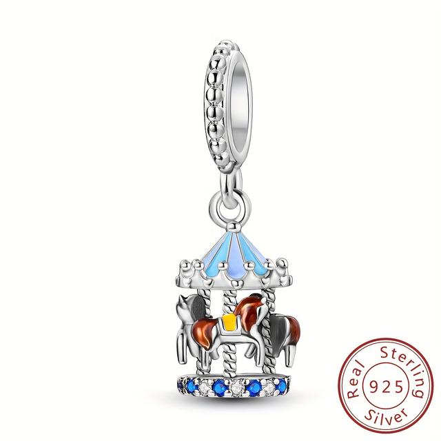 TEMU 925 Sterling Silver Blue Carousel Pendant Women's Original Bracelet Jewelry Making Vacation Amusement Park Birthday Gift