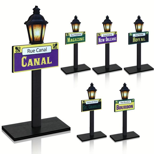 TEMU Set Of 6 Mardi Gras Decorations Featuring New Orleans Street Signs And Lamp Posts, Perfect For Centerpiece Displays And Desktop Use During Street Parties And Birthday Celebrations