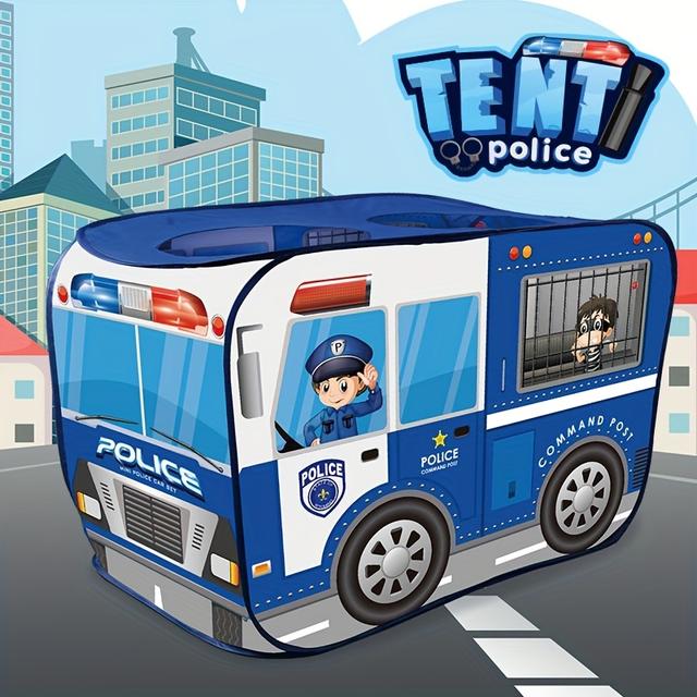 TEMU ' Blue Police Car Game Tent - -up, No Assembly Needed, Durable Polyester & , Foldable Playhouse For Imaginative Fun, Ball Not Included