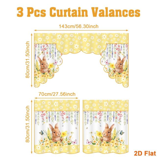 TEMU 2d Flat - 2d Flat - 2d Flat, 3pcs, Yellow Daisy Bunny Curtains Valances, Yellow Bunny Pattern Window Treatments, Spring Easter Party Hanging Short Curtain, For Kitchen Bedroom Living Room Decor