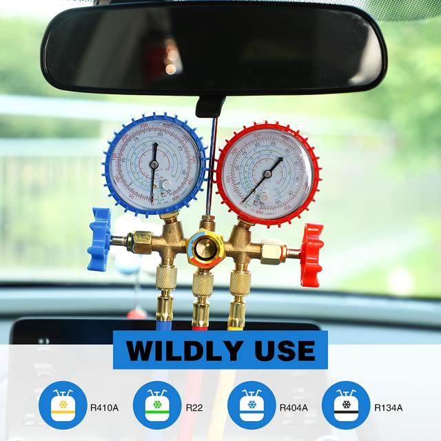 TEMU Ac Pressure Gauges And Manifold Gauge Set Compatible With R12, R22, R404a, And R134a, Featuring A 3-way Design For Vehicles, Complete With 5-foot Hoses, Couplers, And A Puncturing Adapter.