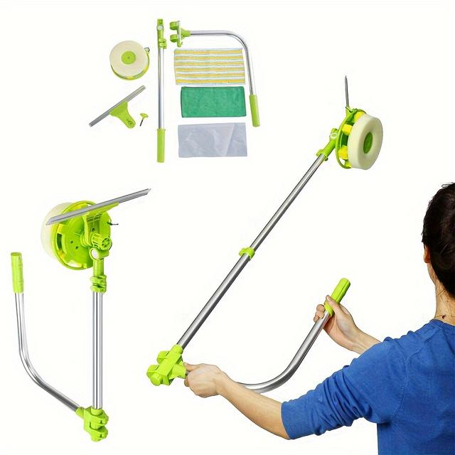 TEMU Mulpurpose 2in 1 Window Cleaning Tool - U Shaped Telescopic Window Cleaner, Adjustable Sponge Head And Kit For Office, Cars And Bathroom, 1.4m Extendable Pole, Green