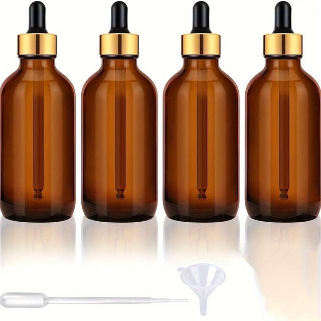 TEMU 에센셜 오일 및 액체용 누출 방지 향기 없는 호박색 유리 드로퍼 병 4개 세트, 4온스(100ml) - 눈물방울 주사기와 깔때기 포함, 손세척 전용, 제어된 분배 | 슬림 실린더 디자인 | 보호 기능