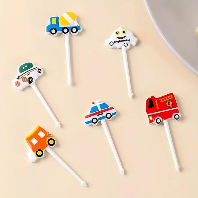 TEMU 6/12/24pcs Of Random Color Cartoon Small Cars Fruit Forks, Cute Car Cake Toppers