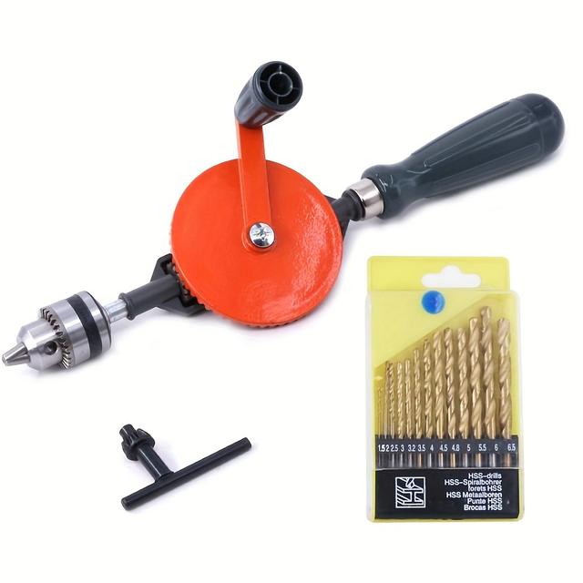 TEMU 13pcs Bit Set + 1/4" Capacity, Compact Manual Hand Drill Kit, Durable Double Pinions, Ideal For Wood & Plastic Projects