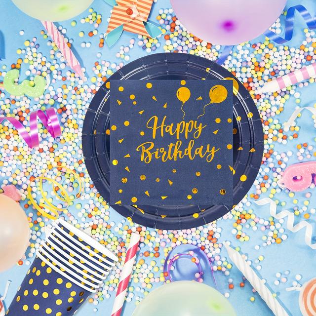 TEMU Set Of 96 Blue And Supplies, Happy Birthday Blue Golden Birthday Party Tableware Cup Napkin Paper Plate Set, For Girls Children Birthday Party Table Decoration - 24 Guests