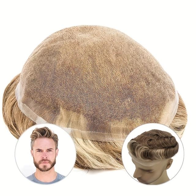 TEMU Modische 8*10" Vollspitze Atmungsaktive Toupet für Männer Echthaar Toupet Männerperücken Einheit Ersatzsystem Doppelknoten Männerhaarprothese 4/27/613 Blond Haarsystem Perücke für Männer Haarteil