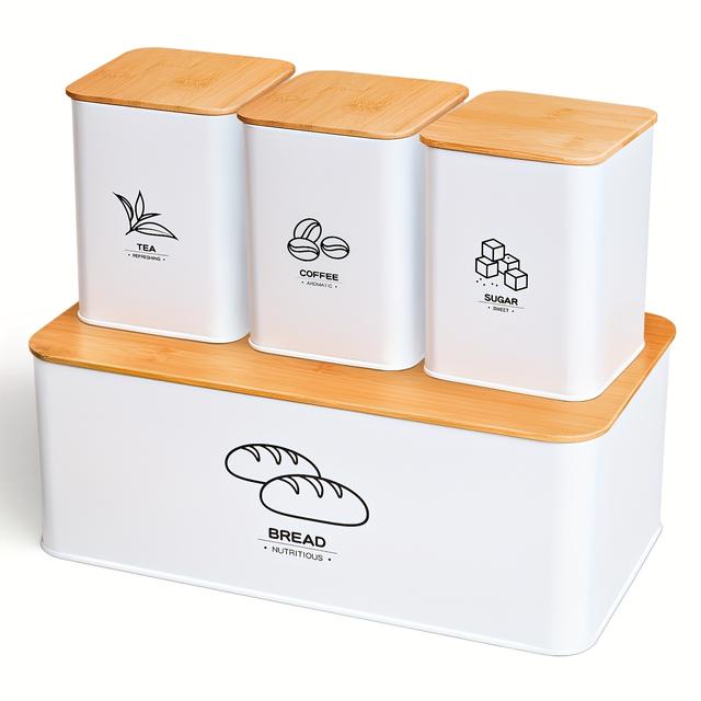 TEMU Classic Kitchen Countertop Metal For Bread Box With A Lid, Designed For Organizing Coffee, Sugar, And Tea. This Set Includes A Spacious For Bread Jar, Perfect For Storing For Bread