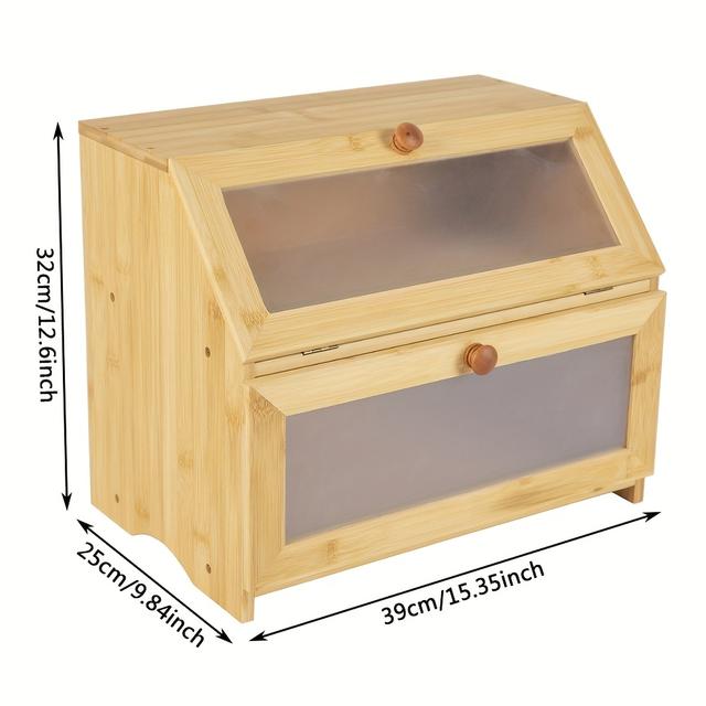 TEMU 1pc Bamboo Double-layer Bread Box With Door - Large Capacity Kitchen Storage Shelf, No , Sturdy Bamboo Construction, Utility Racks