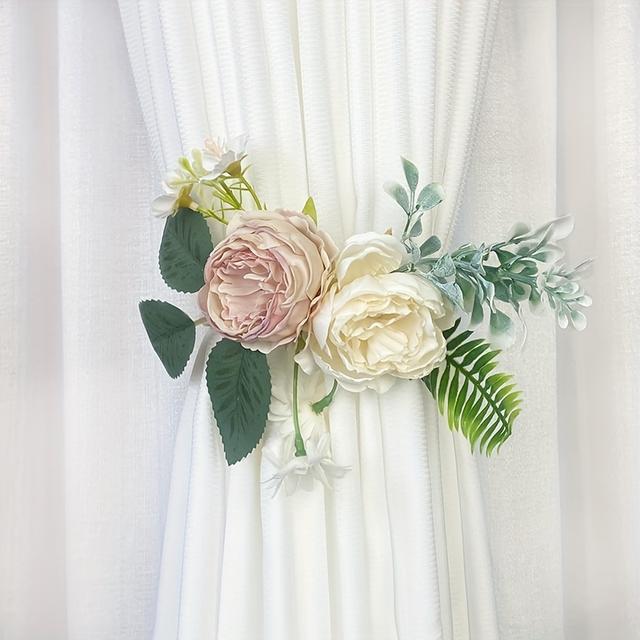 TEMU Franska Vintage Blommiga Gardinband - Eleganta Blommiga Fönsterdraperier med Grönska & , Hållbara Fönsterbehandlingar i Polyester för Vardagsrum, Sovrum