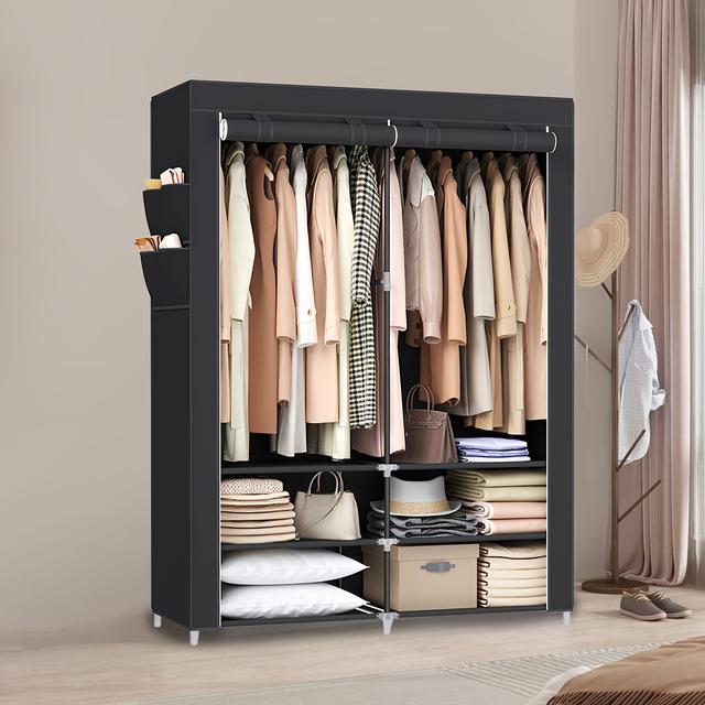 TEMU Armoire en tissu, Porte-vêtements, Garde-robe, 45 X 127 X 176 Cm, 2 Compartiments de suspension avec étagères, 4 Poches, Grande , pour Chambre à coucher, Salon, Noir, portables