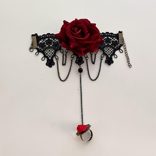 TEMU Stylowa Vintage'owa Koronkowa Bransoletka z Motywem Kwiatowym na Halloween, Kombinacja Bransoletki i Pierścionka z Czerwoną Różą, Dodatek Ślubny