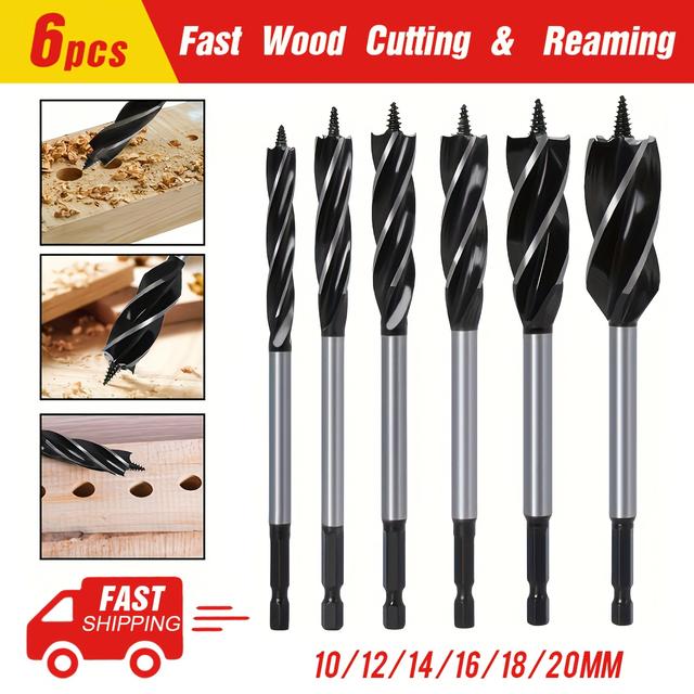 TEMU 6pcs High Carbon Steel Spiral Woodworking Drill Bit Set, 10-20mm Hex Shank, Precision 4- Kit For Hardwood & Plastic - , Ideal For Diy , Woodworking Tools