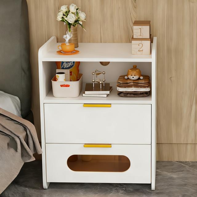 TEMU Bedside Table With 2 Drawers | One-level Open Compartment, Tempered Glass, Transparent Skin Care Cabinet, Jewelry Storage, Golden Handle, White/black 50x40x64cm