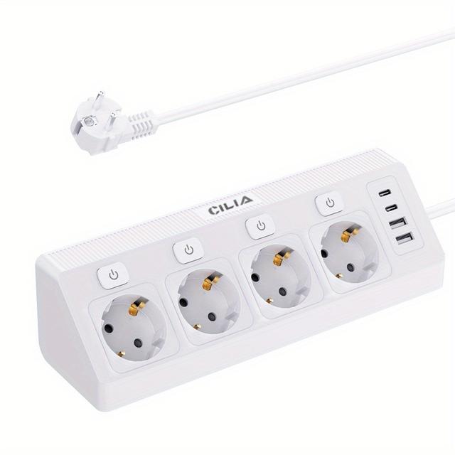 TEMU CILIA 1pc Toma de Corriente Europea 8 en 1, 4 Múltiples, 2 Puertos USB y 2 Puertos Tipo-C, Cable de 1.5m, Montaje en Pared, Interruptores Independientes, y , Adecuado para Hogar y Oficina