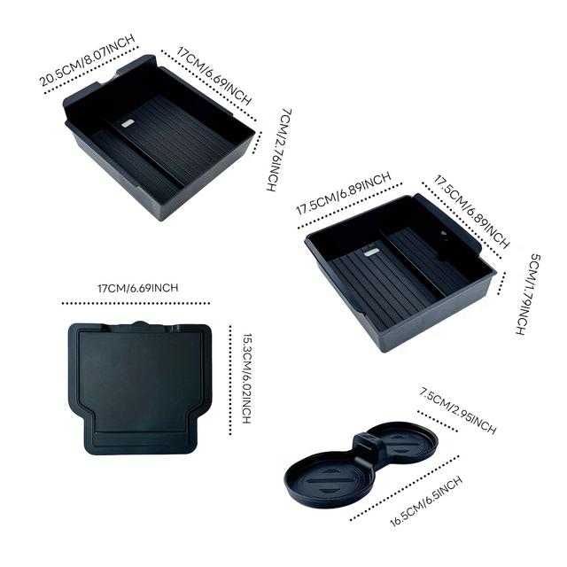 TEMU Upgraded Center Console Organizer For Model 3 Highland 2024 2025 Accessories 4 Kit: 1pc Front Storage Box, 1pc Rear Storage Box, 1pc Armrest Hidden Storage Box, 1pc Cup Holder