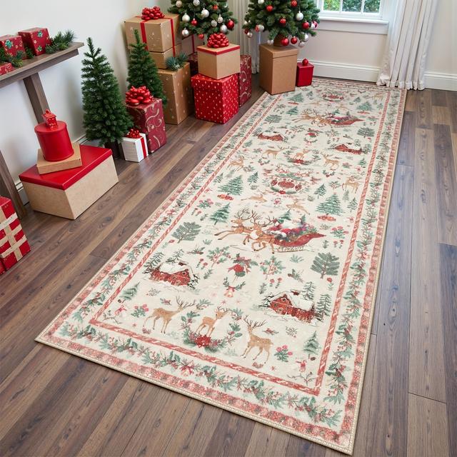 TEMU Christmas Running Rug 24x71in Red Running Rug, Suitable For Hallway, Kitchen Carpet, Washable Carpet, Soft Christmas Tree Santa Running Rug For Bathroom Bedside Holiday Decoration (beige)