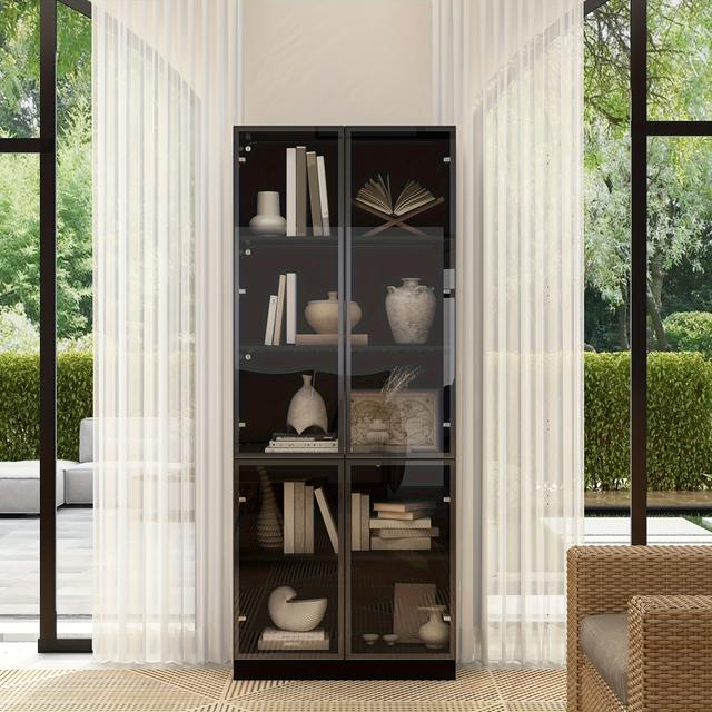 TEMU Cabinet, Glass Display Cabinet With Glass Doors And Lights, Display Cabinet With 5-tier Shelves, For Living Room Hallway, Black